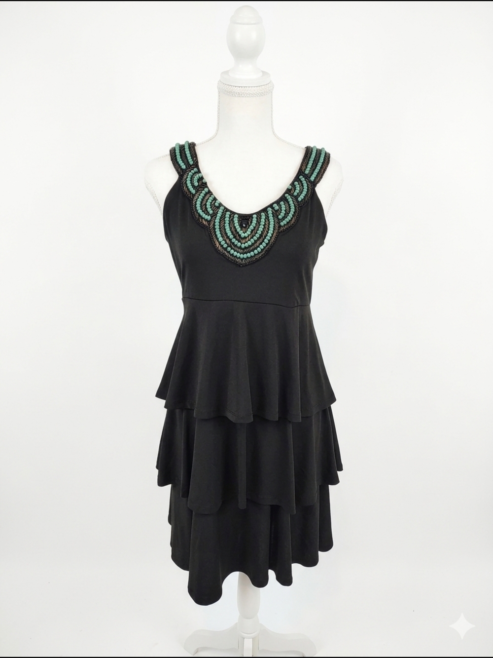 Sandra Darren Black Tiered Sleeveless Dress with Teal Beaded Neckline Size 8 Euc